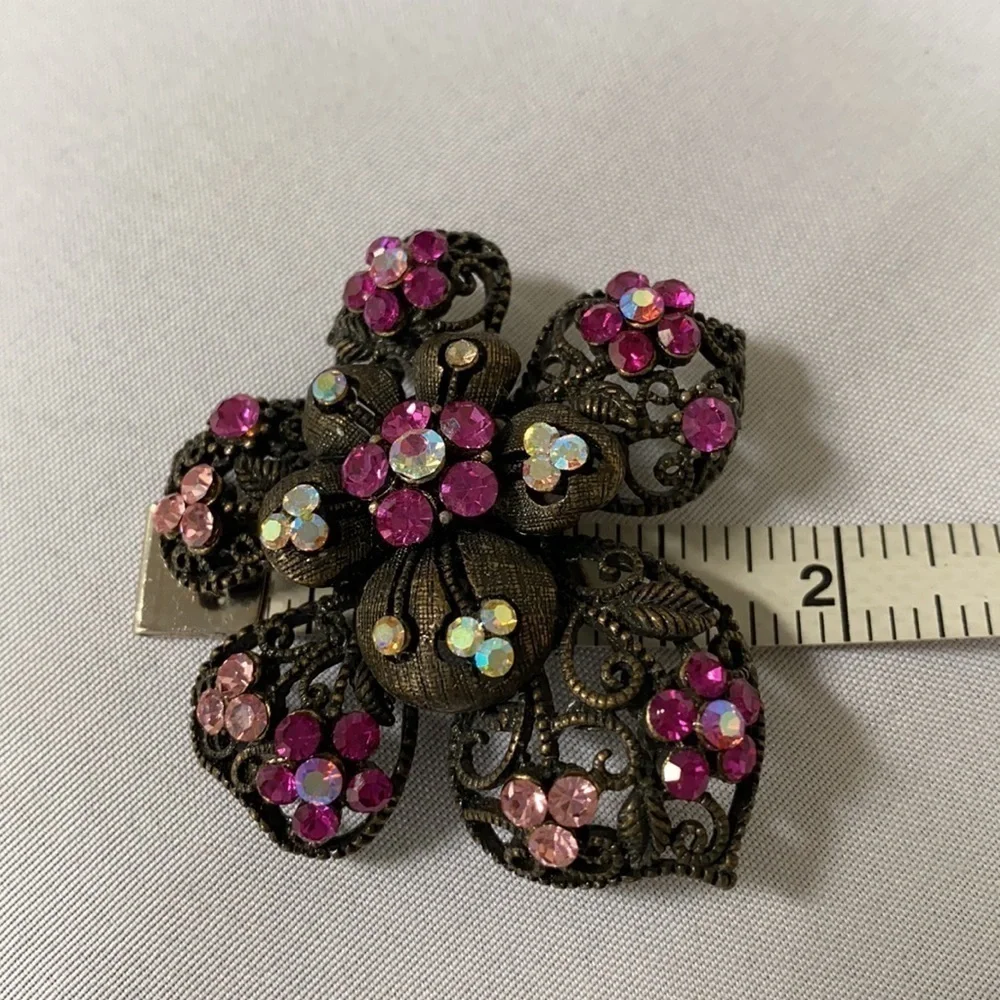 Vintage pink rhinestone Orchid pin brooch